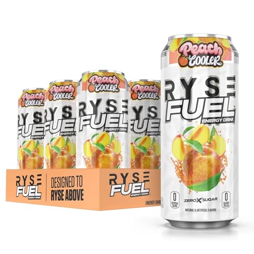 RYSE Fuel Energy Drink | On The Go Energy | 0 Sugars | 0 Calories | Vegan | 200mg Caffeine | 12 Pack (Peach Cooler)