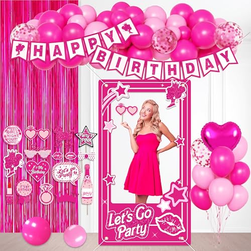Birthday Decorations for Women,Happy Birthday Banner, 35 Balloons,Photo Booth Props for Girls (Hot Pink)