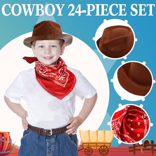 Haysandy 24 Pieces Western Cowboy Hat Set, Felt Cowboy Themed Party Hats with Paisley Bandanas for Kids Costume Party (Re...