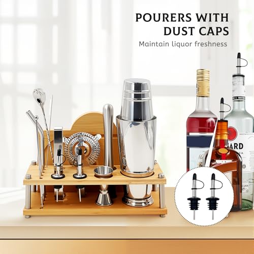 Daily Treasures Professional Cocktail Shakers Set with Bamboo Display Stand & Margarita Salt Rimmer,16-Piece Bartender Kit...
