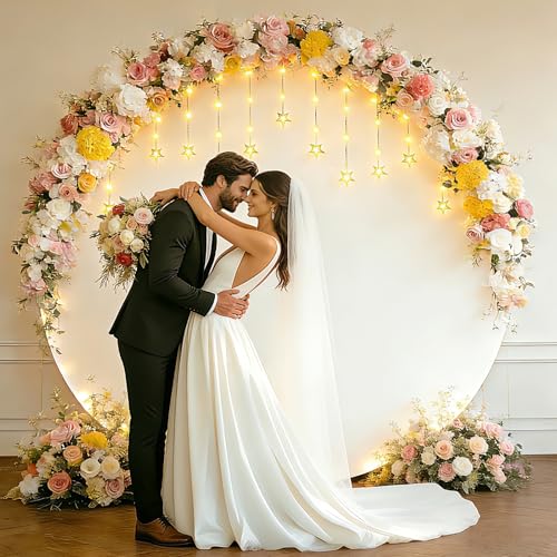 Patioman 7.2FT White Round Backdrop Cover with Fairy Lights for Wedding Arch Stand, Wrinkle-Resistant Circle Balloon Arch ...