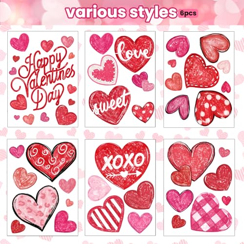 DIYDEC 6 Sheets Valentines Window Cling Double-Sided Pink Red Love Heart Window Stickers Happy Valentines Window Decals fo...