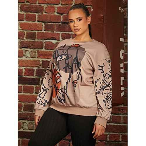 WDIRARA Women's Figure Graphic Print Sweatshirt Round Neck Long Sleeve Contrast Color Graffiti Pullovers
