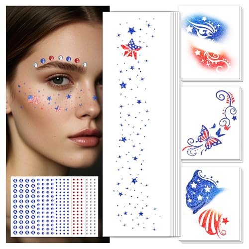 EMOME Labor Day Decorations, Glitter Faux Freckles Face Tattoos with Red White and Blue Face Gems, Patriotic Stickers Wome...
