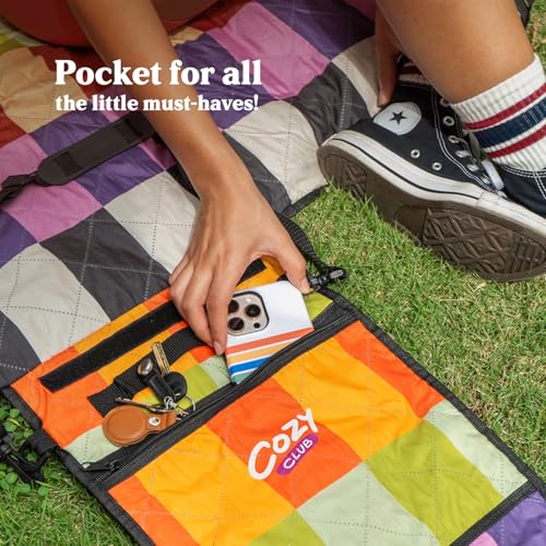 Cozy Club Waterproof Picnic Blanket Foldable Outdoor Mat with Pocket, Stakes & Shoulder Strap | Sandproof, Durable & Porta...