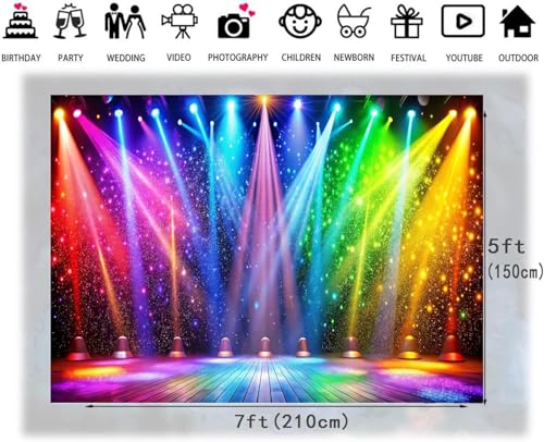 LTLYH 7x5ft Fabric Disco Rainbow Stage 70s 80s 90s Backdrop Vintage Lights Photography Background Rock Music Club Neon Glo...
