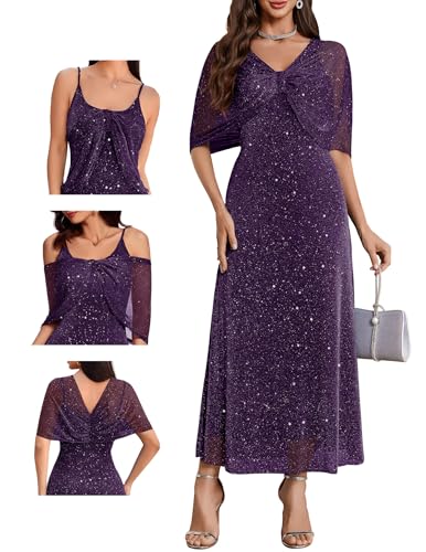 BeryLove Sequin Formal Cocktail Long Dress Evening Wedding Guest Mother of The Bride Dresses with Shawl