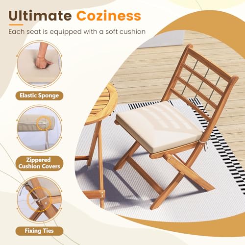 Tangkula 3 Piece Patio Wood Bistro Set, Folding Table Chair Set w/Soft Seat Cushions, Acacia Wood Frame, High-Back Portabl...