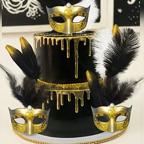 JeVenis Art Deco Cake Mask Cake Decoration Prom Cake Decoration Black Gold Cake Decoration Masquerade Masks Cake Decoratio...