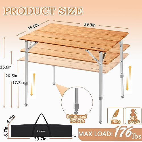 KingCamp Bamboo Camping Table Folding Table with Adjustable Height Aluminum Legs Heavy Duty 176lbs 4-Fold Portable Foldabl...