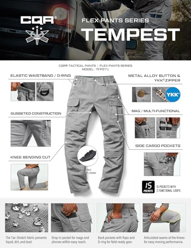 CQR Men's Flex Stretch Tactical Pants, Water Resistant Ripstop Cargo Pants, Lightweight EDC Outdoor Work Hiking Pants
