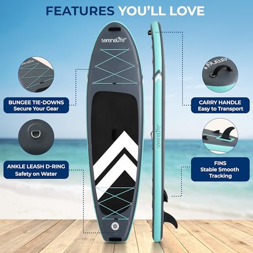SereneLife Ultra-Light Inflatable Stand Up Paddle Board with Premium SUP Accessories - Extra Wide Stable Design with Non-S...