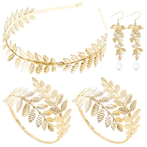 5 Pieces Greek Goddess Costume Accessories Set, 1 Piece Golden Leaf Crown Headband, 2 Pieces Coil Upper Armband Bracelet, ...