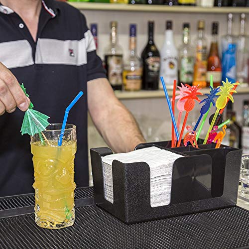 Trendy Bartender Bar Caddy Organizer (6 Compartments) Fully Loaded with Bar Supplies Napkins, Cocktail Straws, and Swizzle...