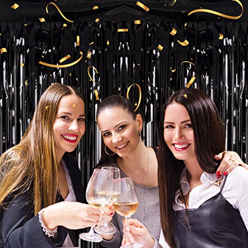 2 Pack 3.2ft x 8.2ft Black Tinsel Foil Fringe Curtains, Metallic Foil Tinsel Photo Booth Backdrop Streamer for New Years D...