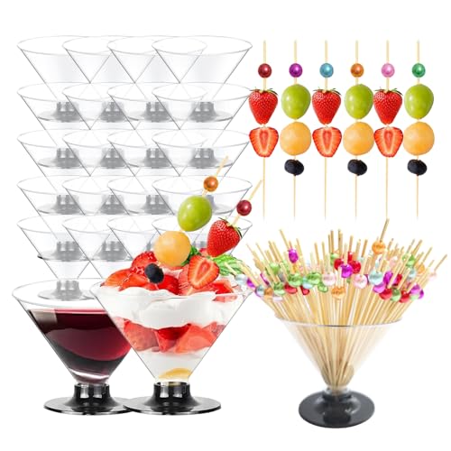 EAEDMY 20 Pack Plastic Martini Glasses Disposable 5oz 7oz with 50 Cocktail Sticks Bundle, Disposable Plastic Cocktail Marg...