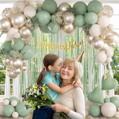 Sage Green Birthday Party Decorations with Happy Birthday Banner Green Fringe Curtain Butterfly Decorations Foil Balloons ...