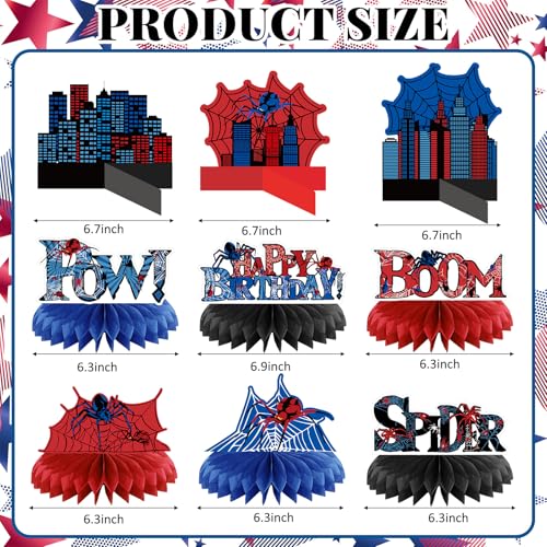 Outus 9 Pcs Spider Birthday Party Decorations Spider Honeycomb Centerpiece 3D Table Topper Standing Decorations Hero Web T...