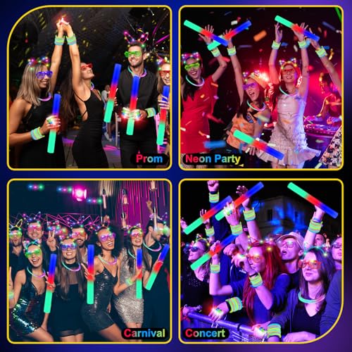 OLUPP 282 PCS Glow in the Dark Party Supplies, 18 Foam Sticks, 18 LED Glasses, 200 Glow Sticks, 30 Finger Lights, 8 Bunny ...