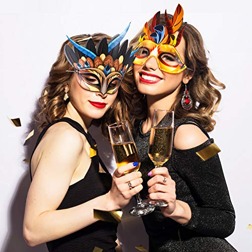 Blulu 24 Pcs Mardi Gras Masks Carnival Parade Faux Feather Face Waterproof Cardboard Masks Masquerade Party New Orleans Fa...
