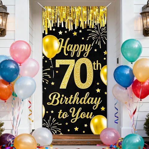 IVN 70th Birthday Door Cover 71x35 Inch Black Gold Birthday Banner for Party Decorations Balloons Stars Fireworks Backdrop...