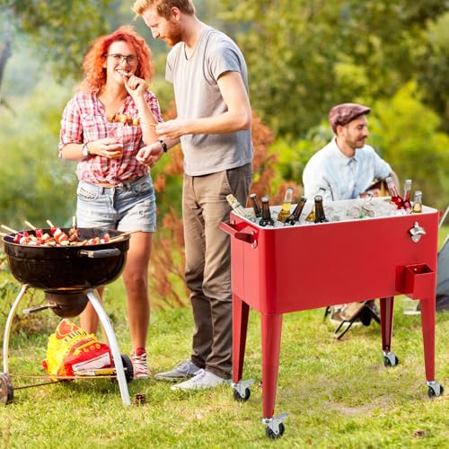 Goplus 80-Quart Rolling Ice Chest, Outdoor Cooler Cart with Wheels, Side Handles, Bottle Opener & Cap Catcher, Portable In...