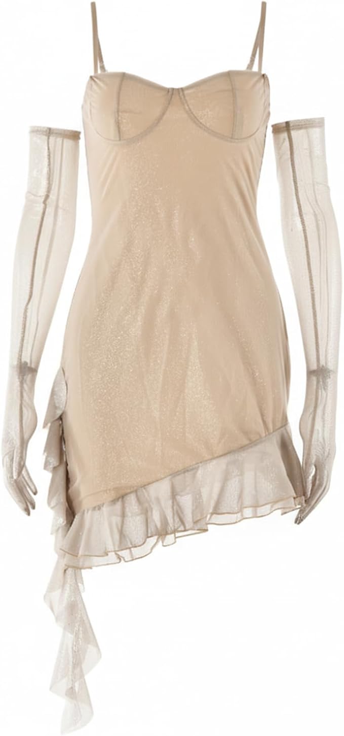 PWMENLK Women's Dress,Sexy Lace Semi See Through Short Dress, Off-Shoulder Bustier Skirt, Asymmetric Short Skirt，Slim