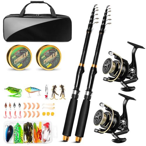 Telescopic Fishing Rod and Reel Combo Kit, 2PACK 6.9FT Carbon Fiber Collapsible Rods, Spinning Reels, Lures and Carrier Ba...