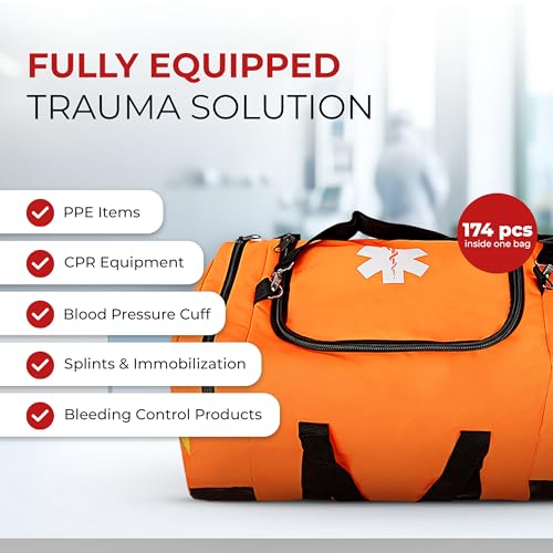Large EMT Trauma Bag – Fully Stocked First Aid Kit with Tourniquet, Gauze, CPR Mask, Trauma Shears & Emergency Medical Sup...