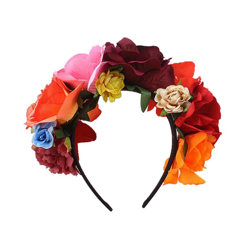 Lofruiin Women's Bohemian Rose Flower Crown Mexican Day of The Dead Headband Halloween Party Costume Headpiece (Burgundy Pink, F