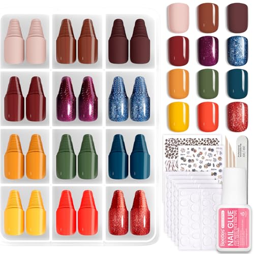 Beetles Press On Nails Kit - Festival Glow | 360Pcs 12 Colors Short Square Press On Nails | 15 Sizes Matte Glossy Glitter ...
