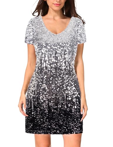 MANER Women's Sequin Glitter Short Sleeve Dress Sexy V Neck Mini Party Club Bodycon Dresses