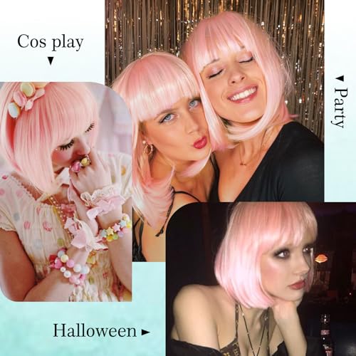 Light Pink Bob Wigs with Bangs Straight Short Wigs for Women Synthetic Pink Wig for Cosplay Women Funny Wig for Party Hall...