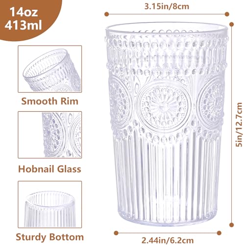 Ciaell 12 Pack Romantic Plastic Water Glasses - 14 Oz Clear Vintage Drinking Glasses, Embossed Ribbed Plastic Cups, Textur...