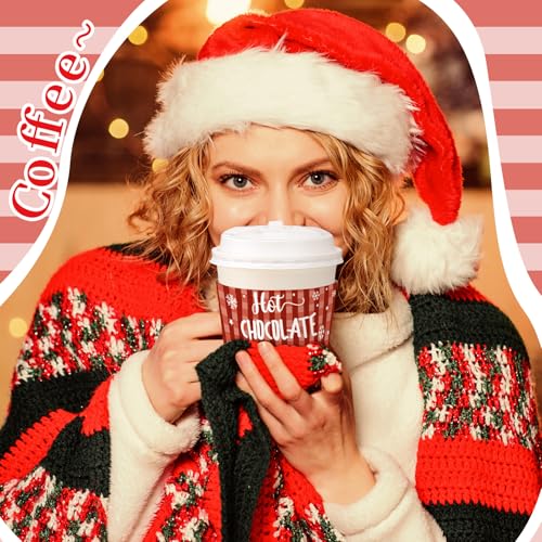Vesici 36 Sets Christmas Hot Cocoa Coffee Cup with Lids and Sleeves 12oz Christmas Disposable Paper Cup Hot Cocoa Chocolat...