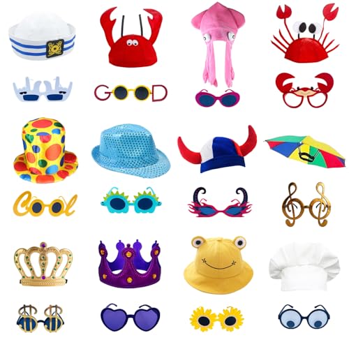 24 Funny Hats and Glasses For Photo Booth Props, 12 Assorted Crazy Party Hats, 12 Funny Party Sunglasses, Novelty Hat, Dre...