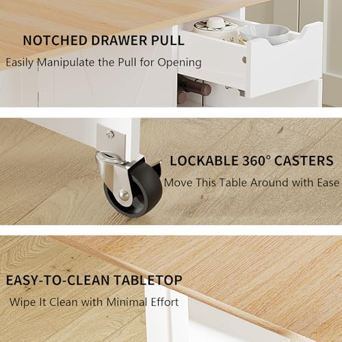 BHAODEAL Folding Dining Table with 6 Wheels, Drop Leaf Tables for Small Spaces, Foldable Dining Table with 2-Layer Storage...