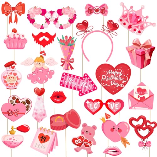 JXYCBZYing Hot Pink Valentine's Day Photo Booth Props - Pack of 24 | Happy Lovers Selfie Photo Booth Props for Valentines ...
