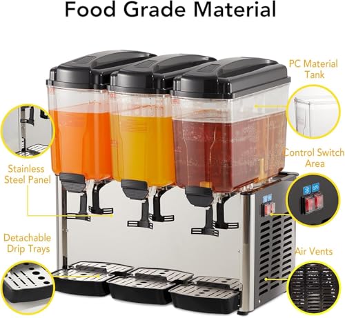 Commercial Beverage Dispenser, 3 Tanks 18 L/19QT Per Tank Juice Dispenser, 350w Stainless Steel Ice Tea Drink Machine with...