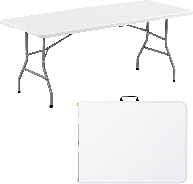 LING RONG Folding Table 6FT Portable Heavy Duty Plastic Table with Carrying Handle Fold-in-Half Utility Foldable Tables fo...