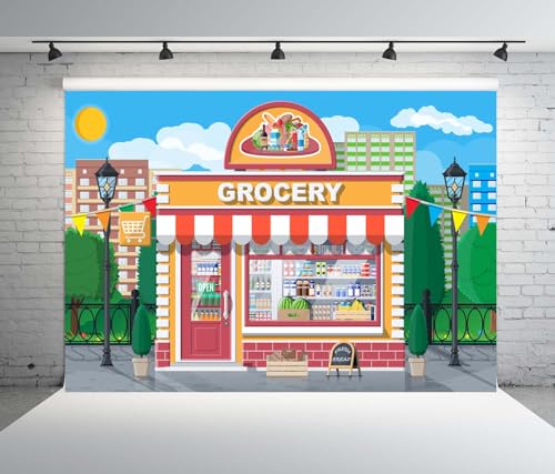Loccor 5x3ft Fabric Grocery Store Backdrop for Kids Photography Small Cartoon Supermarket Glass Showcase Cityscape Backgro...