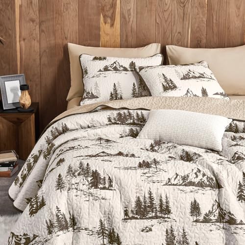 Wake In Cloud - Rustic Quilt Set, Cabin Forest Woodland Camping Theme with Lodge Mountain Print, Reversible Lightweight Be...
