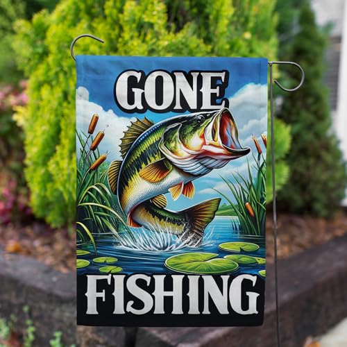 America Forever Gone Fishing Bass Garden Flag, 12.5 x 18 inch Double Sided, Lake Adventure Banner, Outdoor Fishing Decor, ...