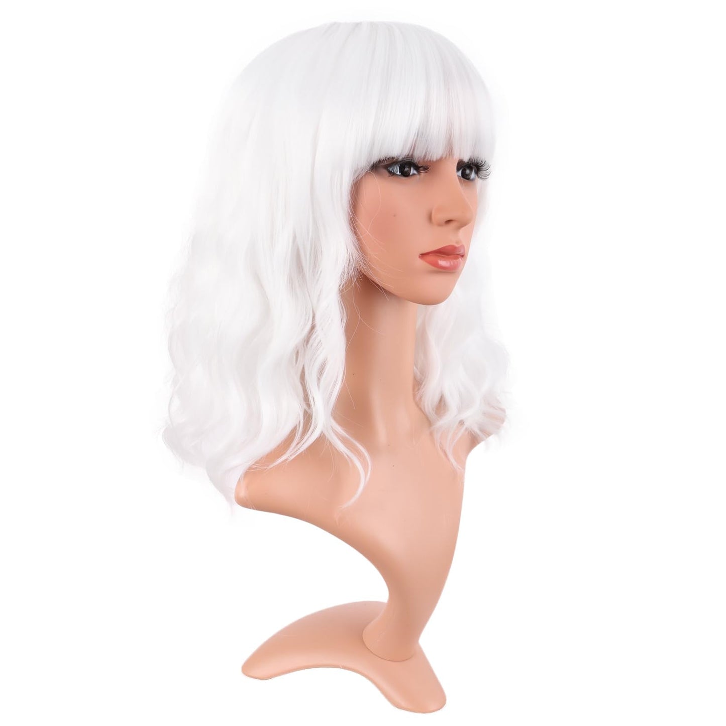 MapofBeauty Short Wavy Curly Bob Wig, 14 Inch, High Temperature Fiber, White, with Flat Bangs