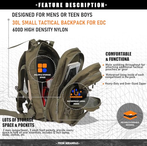 Miramrax Small Tactical Backpack Military Daypack - 30L Backpack for Men Molle Assault Pack Bug Out Bag for Hiking Camping...