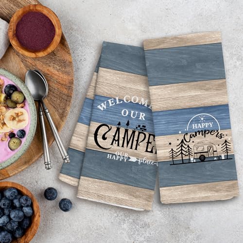 WFSM Happy Camper Kitchen Towels Set of 2, Camping Decor, Dish Towels, Hand Towels, RV Decor, Gifts, 16x24 Inches
