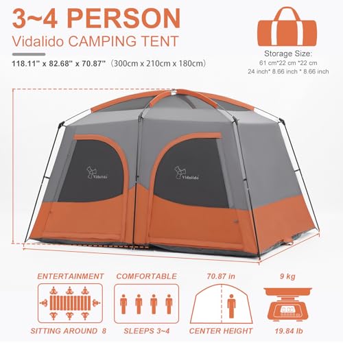 Vidalido Tents，3-4 Person Camping Tent with Extended Vestibule，Weather Resistant Family Tents with Breathable Mesh Window...
