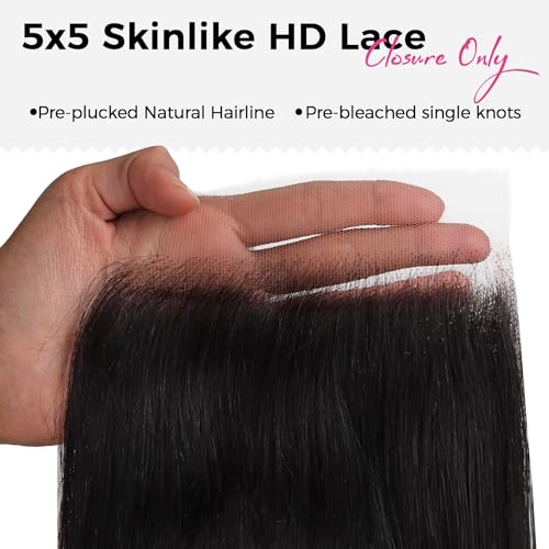 Lashey 5x5 SKINLIKE Real HD Lace Closure Body Wave, 0.10mm Ultra-Thin Human Hair Closure Pre Bleached Knots Pre Plucked Invisible Hairline 14 Inch Natural Black