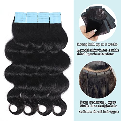 HUA Body Wave Tape in Hair Extensions 18 Inch 100% Human Hair 40PCS 100 Gram Reusable Tape ins Black Wavy Hair