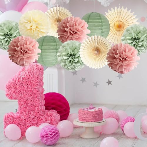 Dusty Pink and Sage Green Party Decorations Dusty Rose Sage Green Tissue Pom Poms Paper Lanterns Confetti Dots Scatter Tab...